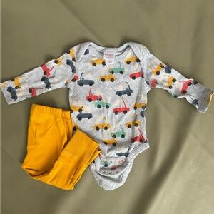 Hanna Andersson Gray Car Print Onesie and Yellow Pants Set